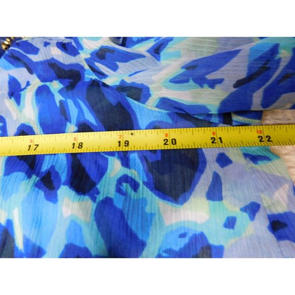 Cache Woman's Beaded Sheer Peasant Top Blue Abstract Leopard Print Sz. L Boho - Picture 6 of 8